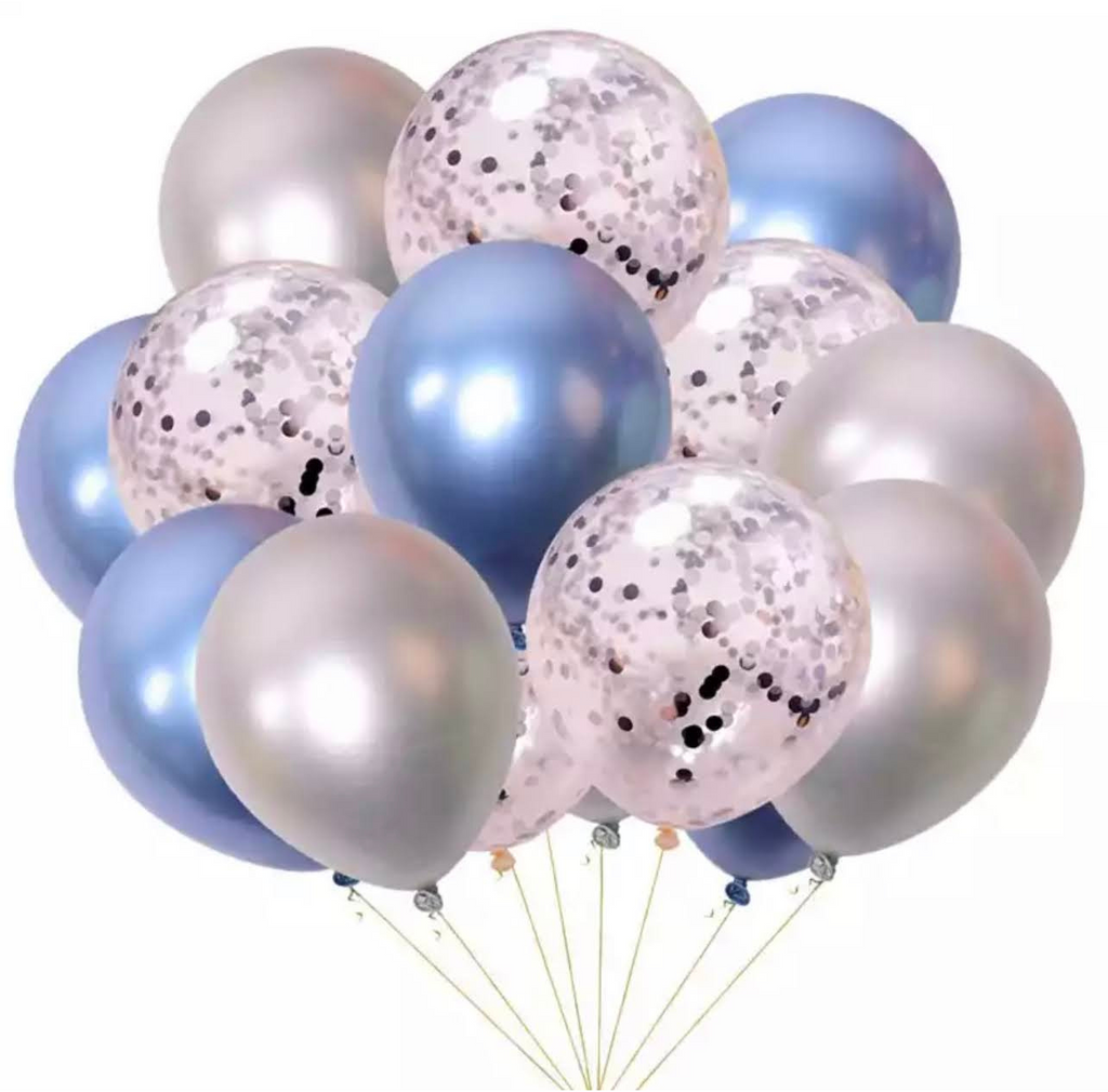 Ballonnen Mix Confetti Metallic Zilver-Blauw 